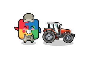 the puzzle farmer mascot standing beside a tractor vector