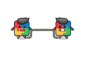 cute puzzle character is playing tug of war game vector