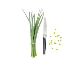 Bunch of fresh chives isolated on white background photo