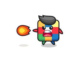 cute cube puzzle mascot is shooting fire power vector