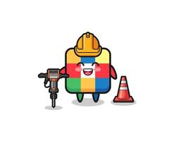 road worker mascot of cube puzzle holding drill machine vector