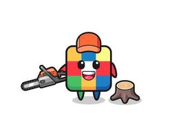 cube puzzle lumberjack character holding a chainsaw vector