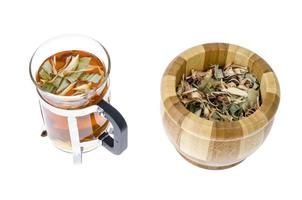 Vaso con té de hierbas de plantas secas, medicina alternativa
