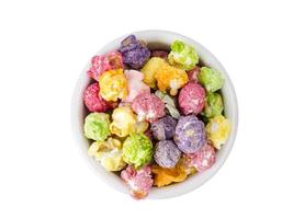 Sweet multicolor caramel Popcorn in white bow photo