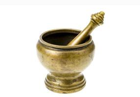 Antique copper mortar with pestle isolated on white background.