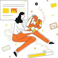 Girl solving puzzle as work in progress vector