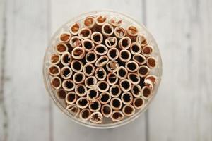 top view of wafer roll chocolate in container photo