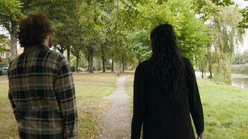 hombre y mujer caminando y hablando en el parque video