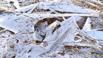 First frosts. Thin ice on the water. Early winter. November ice on puddles. photo