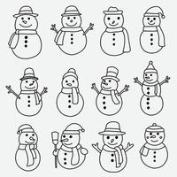 Doodle dibujo a mano alzada de una colección de muñecos de nieve. vector