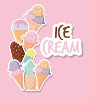 set of ice cream icons with ice cream lettering on a pink background vector