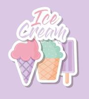 set of ice cream icons with ice cream lettering on a purple background vector