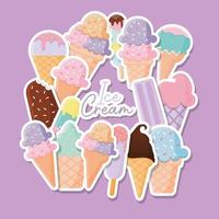 bundle of ice cream icons with ice cream lettering over a purple background vector