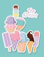 set of ice cream icons with ice cream lettering on a green background vector