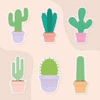 Conjunto de seis iconos de cactus sobre un fondo de color salmón vector