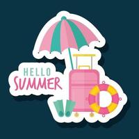 hello summer lettering with bundle of summer icons over a blue background vector