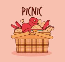 basket for a picnic with meat, burguers and tacos under a picnic lettering vector