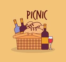 basket for a picnic with bottles and breads under a picnic lettering vector