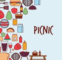 Conjunto de iconos de picnic y letras de picnic sobre un fondo azul. vector