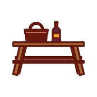 picnic table with a basket and a bottle on top vector