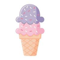 helado con dos bolas de color rosa y morado en cono vector