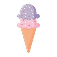 helado con dos bolas de color rosa y morado en un cono vector