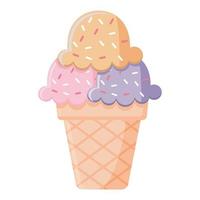 ice cream with three balls of purple, pink and orange color with sprinkles on the top in a cone vector