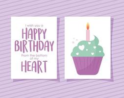 cupcake card with i wish youy a happy birthday of the botton of my heart lettering vector