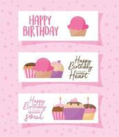 group of cards with cupcakes and happy birthday lettering on a pink background vector