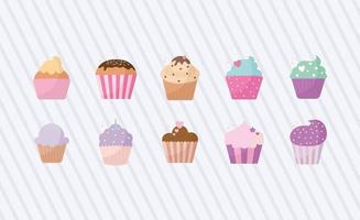 bundle of baked cupcakes icons vector