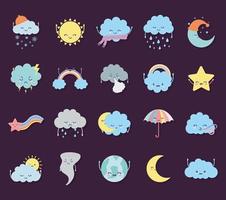 bundle of weather icons on a purple background vector