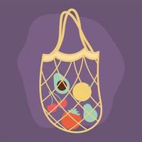 eco bag with a fruits inside of it and yellow color on a purple background vector