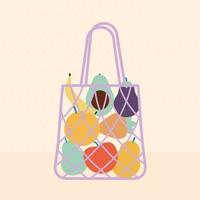 bolsa ecológica con frutas en su interior y color morado sobre fondo beige vector