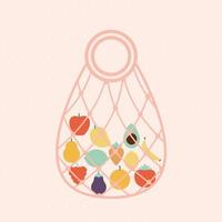 eco bag with a fruits inside of it and pink color on a pink background vector