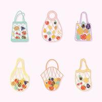 set of eco bags with a fruits inside of it on a pink background vector