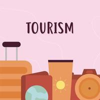 tourism lettering and bundle of travel icons vector