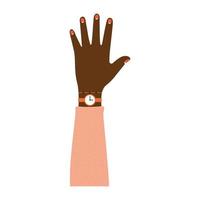 Brazo afroamericano con una mano y uñas rosadas. vector
