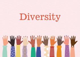 diversity lettering and set of arms with one hand and colored nails on a pink background vector