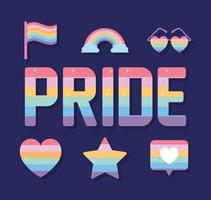 pride lettering and set of icons with lgbtq pride colors vector