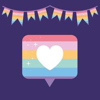 message bubble with pride lgbtq color, one heart in the middle of it and one garland on a purple background vector