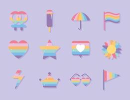 conjunto de iconos con colores de orgullo lgbtq sobre un fondo púrpura vector