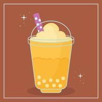 Bebida taiwanesa asiática con un color amarillo y burbujas sobre un fondo marrón