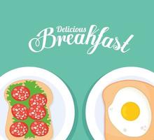 delicius breakfast lettering and bread with lettuce and tomatoes on top and bread with one egg in the top of it vector