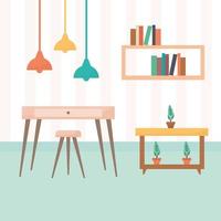 living room with tables filled with books and plants plus a chandelier vector