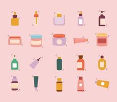 set of organic cosmetic icons on a pink background vector