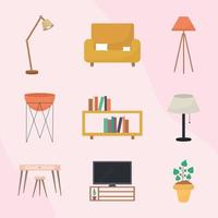 set of interior decor icons on a pink background vector