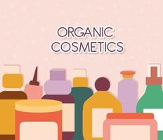 Letras de cosméticos orgánicos con un conjunto de iconos de cosméticos orgánicos sobre un fondo rosa vector