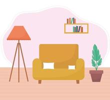 living room with one sofa, plants plus a lamp vector