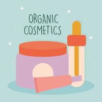 organic cosmetic lettering with a bundle of organic cosmetic icons on a blue background vector