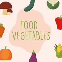 food vegetables lettering with a set of vegetables icons on a pink background vector